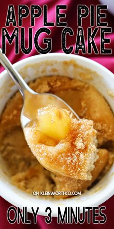 an apple pie mug cake in a white bowl with a spoon