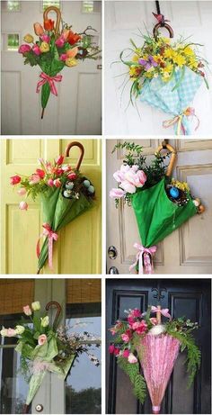 four different pictures of umbrellas and flowers hanging from the front door, in various ways