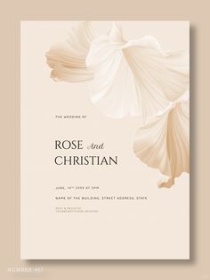 a wedding card with an elegant flower design on the front and back, in neutral tones