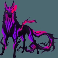 a purple and black wolf with flames on it's back legs, standing in front of a white background