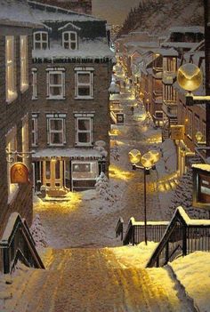 an oil painting of a snowy street scene with buildings and lights in the snow at night