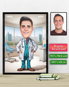 a digital caricature of a doctor is shown in front of an office desk