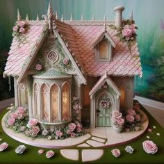 a cake that is shaped like a house with flowers on the outside and inside it