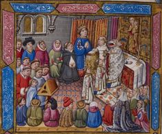 an illustration of a medieval scene with men and women