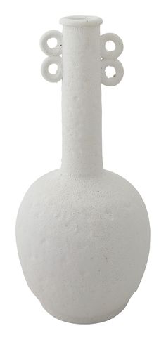 a white vase with three circles on the top and bottom, sitting in front of a white background