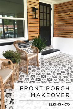 front porch makeover with black and white tile on the floor, wicker chairs and potted plants