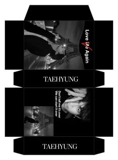 three black and white boxes with the words taehyung on them