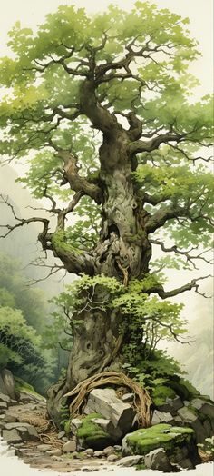 a painting of a large tree in the middle of a forest with rocks and trees around it