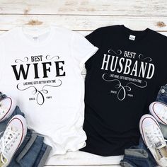 two t - shirts with the words best husband and best wife printed on them sitting next to each other