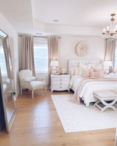 there are two pictures of a bedroom with white furniture and pink accents on the walls