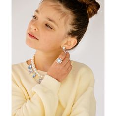 Set includes one kid's necklace, one pair of clip-on earrings and one ring: “pearl” necklace with three purple flower charms and three blue teardrop charms, purple teardrop and “pearl” clip-on earrings, and oversized pearl ring with surrounding “diamond” stones. Super Smalls' rings are all kids size 4 and adjustable (squeeze to tighten or pull apart slightly to loosen). *Small parts, not intended for children under 3 years. | Super Smalls | House Party "Pearl" Mega Set  |  Maisonette collects th Silver Photoshoot, Jewelry Photoshoot, Pearl Jewelry Sets, Kids Necklace, Boy Accessories, Purple Flower, Girls Jewelry, Small Jewelry, Kids Jewelry