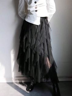 Textured Asymmetric Mesh Tulle Skirt Black Elegant   Fabric Plain Layered/Tiered Non-Stretch  Women Clothing, size features are:Bust: ,Length: ,Sleeve Length: Layered Witch Skirt, Tool Skirt, Tule Rok, Gonna In Tulle, Tulle Skirt Black, Women Skirts, Layered Skirt, Black Ruffle, Goth Fashion