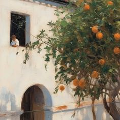 an orange tree in front of a white building with two people looking out the window