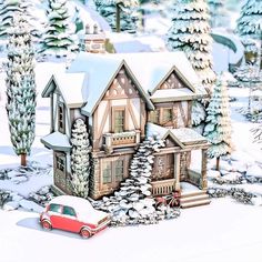 a red car is parked in front of a large house with snow on the ground