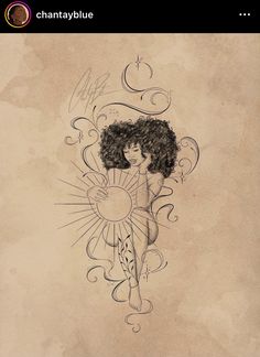 a drawing of a woman with curly hair holding a sun above her head and the words,