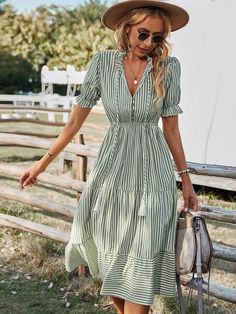 V Neck Short Sleeve Tassel Button Striped Dress | Best price | Free shipping! | Check it now! | Look Casual Chic, Casual Chique, Ruffle Midi Dress, Holiday Party Dresses, Tie Waist Dress, Weave Style, Short Sleeve Pattern, Striped Midi Dress, Spring Women