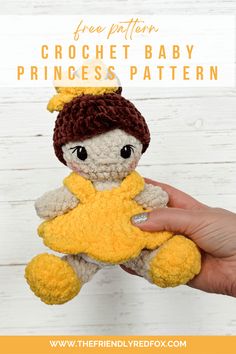 a crochet baby princess doll is shown with text overlay that says free pattern