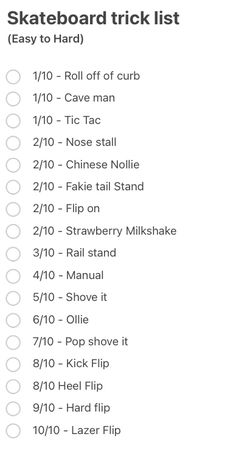 the skateboard trick list is shown here