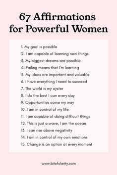 the 6 affirmations for powerful women in pink and black with text overlay