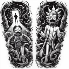 two tattoos depicting the characters from rick and rick in space, one with an alien head