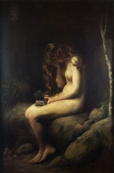 a painting of a naked woman sitting on rocks with a cup in her hand and looking down at the ground