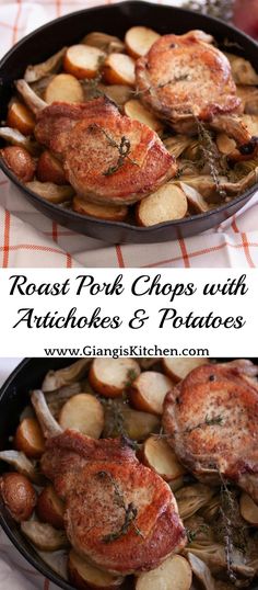 roast pork chops with potatoes and potatoes in a cast iron skillet on a table