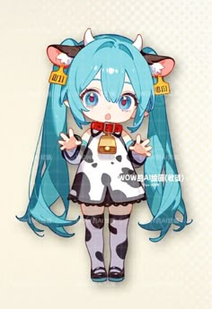 an anime character with long blue hair wearing a cow outfit and holding a piece of food