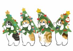 three cats are dressed up as christmas trees