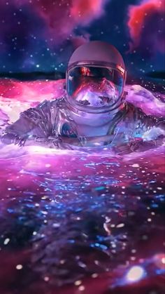 an astronaut floating in the ocean surrounded by stars and clouds, with his helmet on