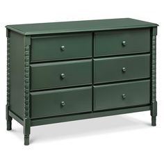 a green dresser with six drawers and two handles on each drawer, in front of a white background