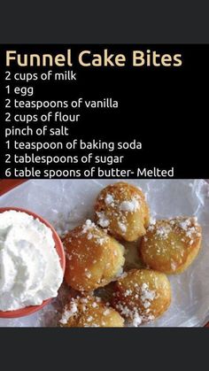 a recipe for funnel cake bites on a plate