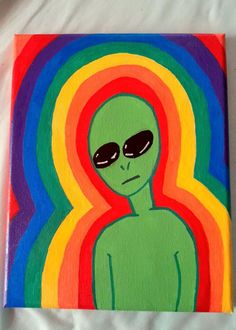 Painting of an alien Cute Trippy Painting Ideas, Trippy Simple Paintings, Weird Canvas Painting, Colorful Easy Paintings, Posco Painting Ideas, Painting Ideas Small Canvas, Trippy Painting Ideas Easy, Paintings Canvas Easy, Small Easy Painting Ideas