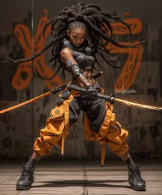 a woman with dreadlocks holding two swords in one hand and wearing yellow pants