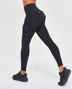 Cargo Fitness Leggings - Black Techwear Activewear With Pockets For Workout, Black High Stretch Functional Bottoms, High Stretch Black Functional Bottoms, Functional Pockets Yoga Pants For Gym, Black Sporty Leggings With Pockets, Functional High Stretch Black Bottoms, Casual Compression Pants With Pockets, Slim Fit Black Pants With Pockets, Mid-rise Workout Leggings With Side Pockets