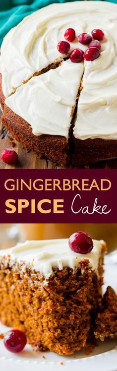 gingerbread spice cake with cream cheese frosting and cranberries on the top