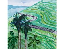 a painting of palm trees on a green hillside