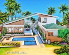 this is an artist's rendering of a tropical house with pool and palm trees