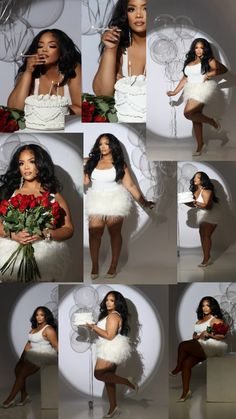 a collage of photos showing the different poses of a woman in a white dress