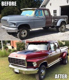 the before and after pictures of an old pickup truck