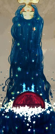 a painting of a woman with long blue hair and stars on her face is shown