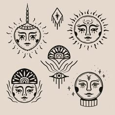 four sun and moon faces with different designs on the front, one in black and white