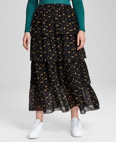 in stock Black Flowy Maxi Skirt For Spring, Flowy Black Maxi Skirt For Spring, Black Tiered Maxi Skirt For Spring, Black Floral Print Tiered Skirt, Black Floral Print Maxi Skirt For Spring, Black Ruffled Maxi Skirt For Spring, Black Floral Print Tiered Maxi Skirt, Black Tiered Skirt For Spring, Black Skirted Bottoms With Floral Print