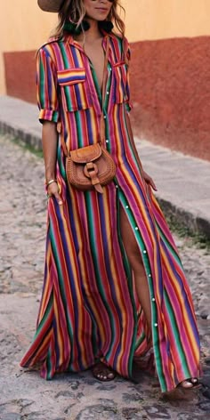 Stylish Colorful Striped Maxi Shirt. You can easily enjoy elegant and casual. Size S to size XL Sukienki Maksi, Patchwork Sleeve, Boho Styl, Boho Mode, Stil Boho, Collared Shirt Dress, Mode Boho, Maxi Shirts, Bohol