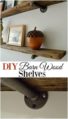 an old wooden shelf with some pine cones on top and the words barn wood industrial shelves above it