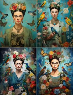 four pictures of fridace with birds and flowers in their hair, one woman's face is surrounded by butterflies