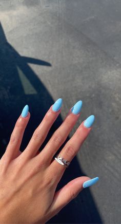 Solid Color Summer Nails 2023, Summer Acrilyc Nails 2023, Nails Acrylic 1 Color, Nail Ideas Acrylic Plain Color, Solid Color Acrylics Almond, Cute Soild Nails, One Color Spring Nails, Light Neon Blue Nails, Almond Nail Solid Color Ideas