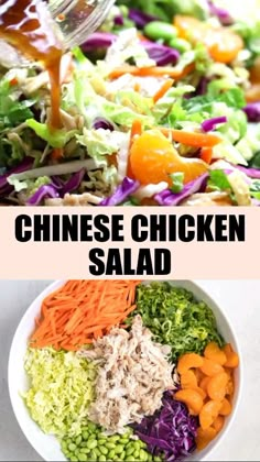 the ingredients for chinese chicken salad in a white bowl are being drizzled with dressing