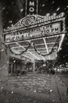 the marquee for its wonderful life is lit up in the snow