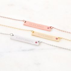 This Roman Numeral Gold Birthstone Bar Necklace is the perfect way to commemorate weddings  anniversaries or birthdays. The petite gold plated sterling silver bar measures 1 1/4" by 1/4" and comes on a 16" rolo chain with a 2" extender. Choose your date to be engraved in roman numerals on this stylish bar necklace and add a birthstone. Mix and match with other sterling silver styles to represent your special day. Coordinates Jewelry, Coordinates Bracelet, Family Tree Necklace, Gold Bar Necklace, Monogram Jewelry, Silver Bar, Roman Numeral, Engraved Jewelry, Silver Bars