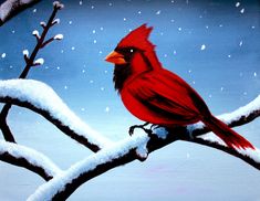 a painting of a cardinal perched on a snowy branch